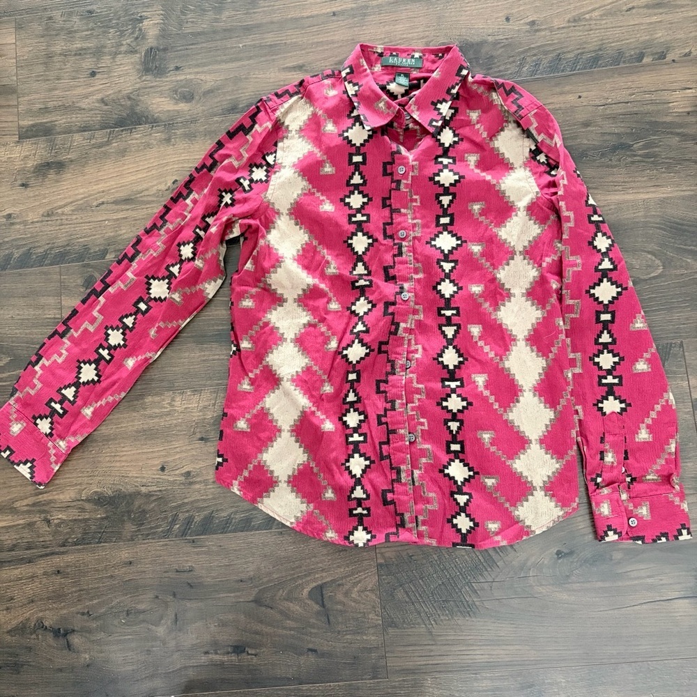Lauren Ralph Lauren Southwestern Aztec Print 100% Cotton Button Down PL